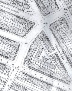 OS map 1935 of Golborne Road north east of the iron railway bridge towards Kensal Road. All the buildings shown were demolished. Trellick Tower was built on  the land on the east side of Golborne Road including Southam Street and Edenham Street as shown here.